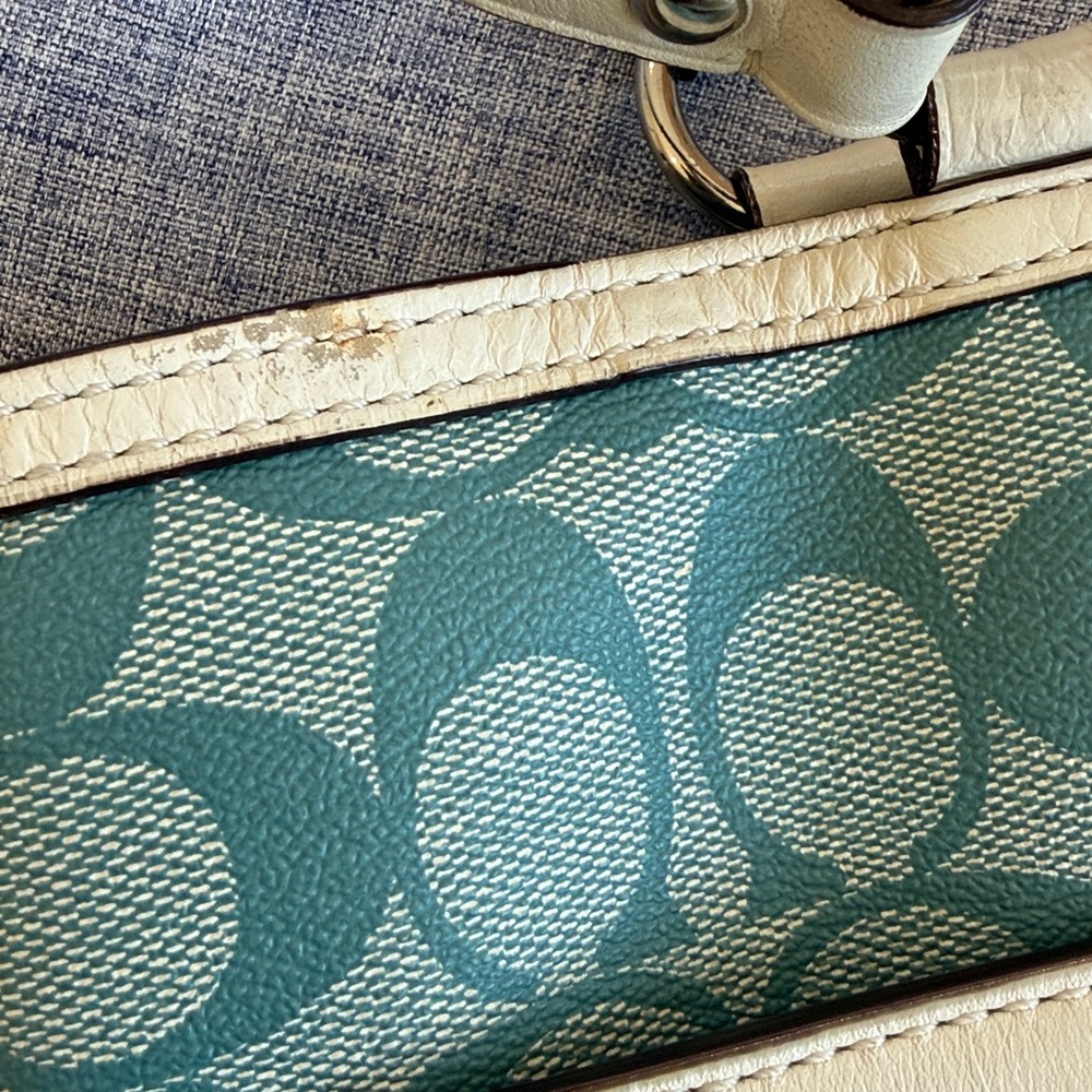 Coach Teal Signature Stripe Tote with Ivory Trim - Picture 13 of 15